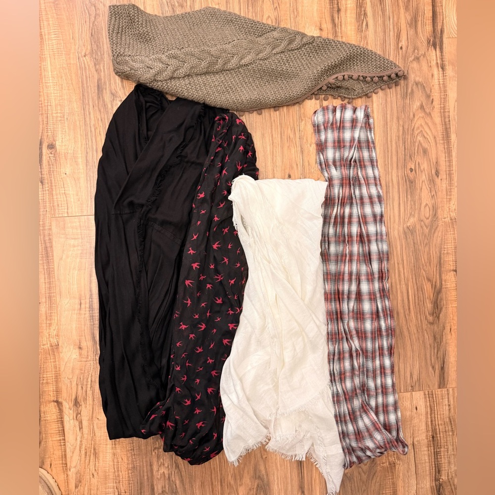 5 Stylish Scarf Collection - Black with red Birds , off White, Plaid, and Tan